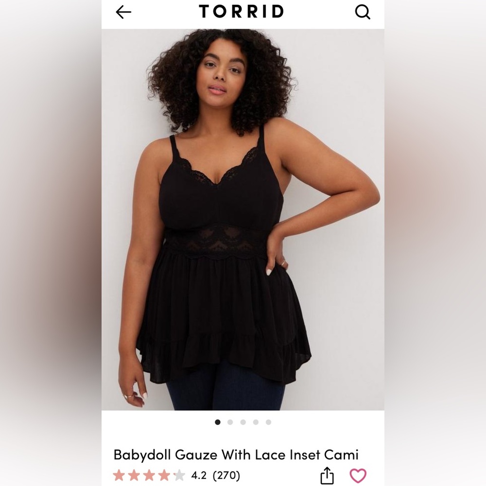Torrid Black Babydoll Gauze with Lace Inset Cami